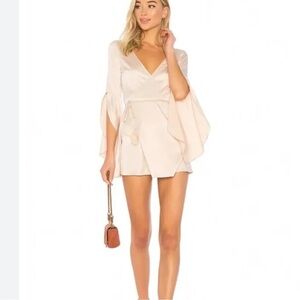 Majorelle Blush Pink Satin Hex Bell Sleeve Wrapped Mini Dress Size XS